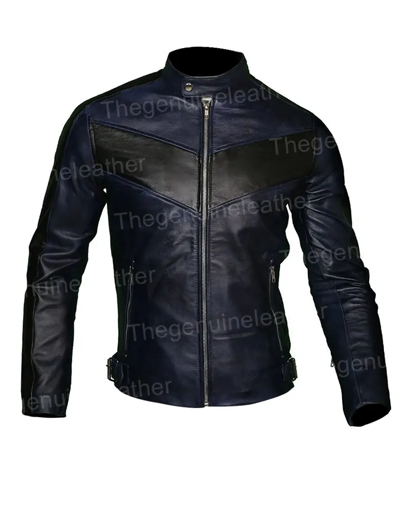 Mens Cafe Racer Navy Blue Biker Leather Jacket