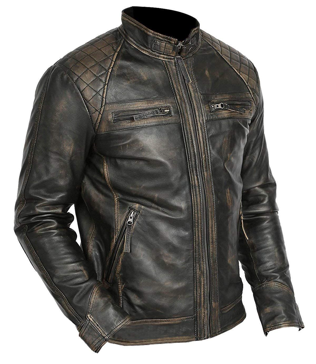 Mens Cafe Racer Retro Brown Motorcycle Leather Jacket