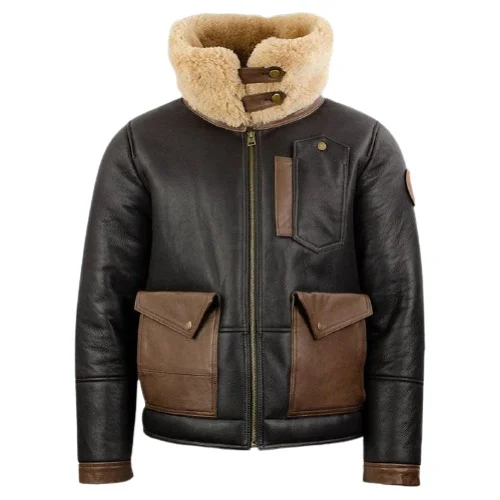 Mens Chocolate Black Shearling Bomber Leather Jacket