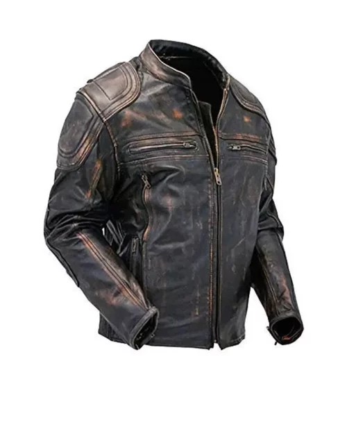 Mens Quilted Distressed Brown Leather Jacket