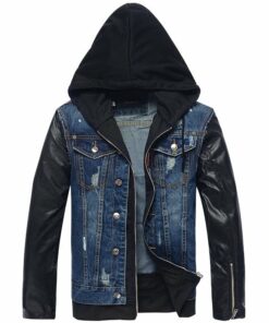 Men Fashion Leather Hoodie Denim Jacket
