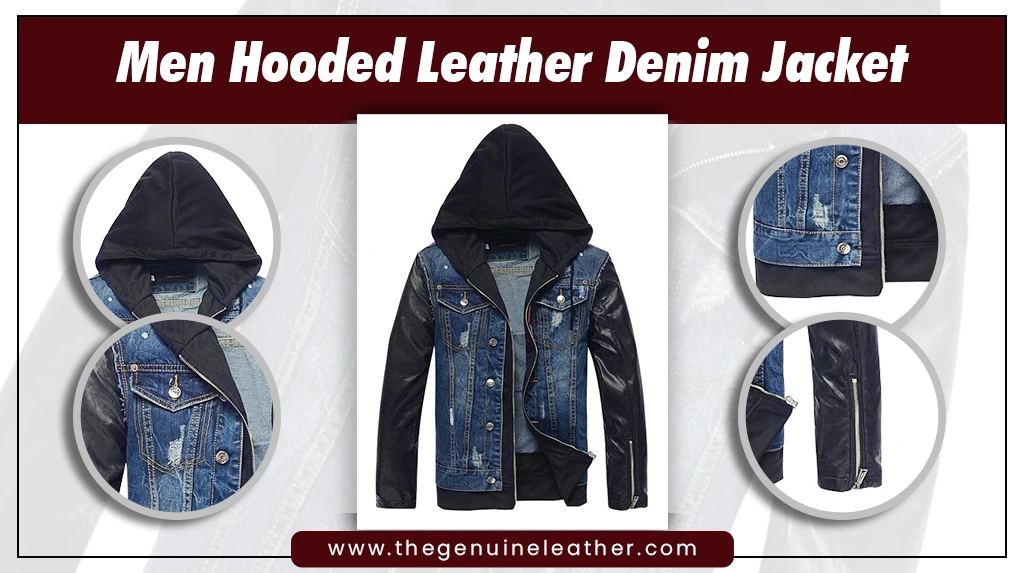 Mens Hooded Leather Denim Jacket