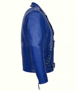 Blue Studded Biker Leather Jacket