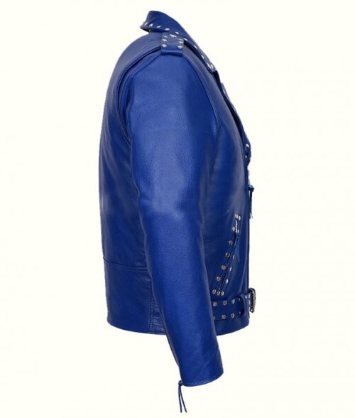Blue Studded Biker Leather Jacket