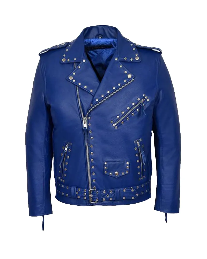 Blue Studded Motorcycle Leather Jacket