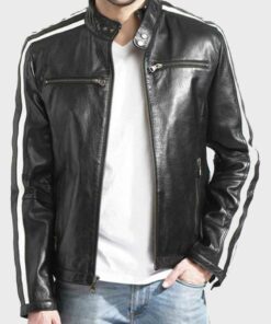 Mens Cafe Racer White Striped Black Leather Jacket