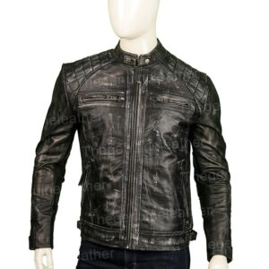 Men Distressed Shoulder Design Leather Jacket