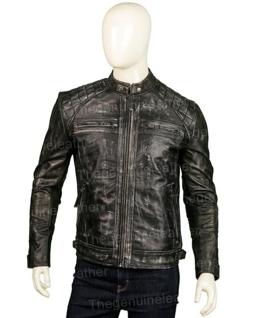 Men Distressed Shoulder Design Leather Jacket