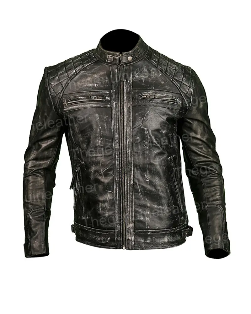 Men Distressed Shoulder Design Leather Jacket