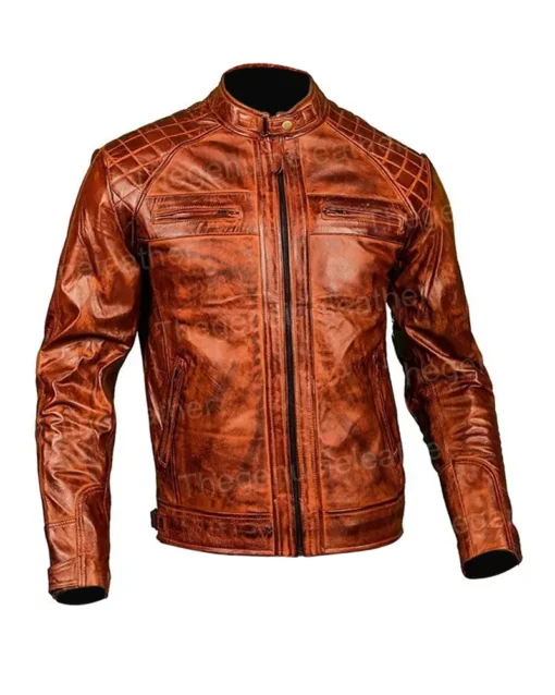 Men Shoulder Design Brown Leather Jacket