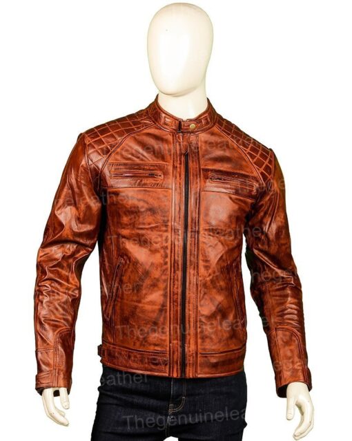 Men Shoulder Design Brown Leather Jacket Cafe Racer Jacket