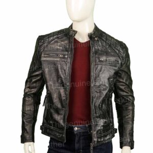 Mens Distressed Shoulder Design Leather Jacket