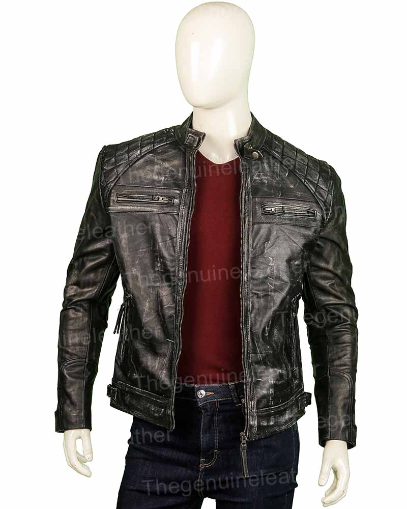 Mens Distressed Shoulder Design Leather Jacket