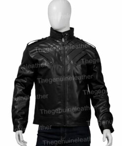Mens Shoulder Design Black Leather Jacket