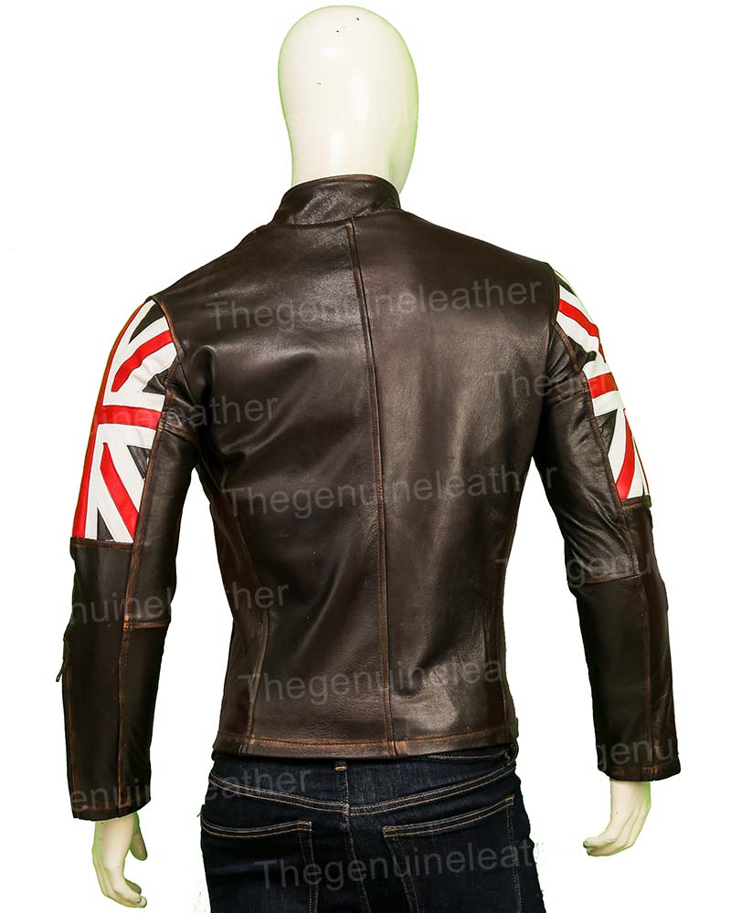 United Kingdom Flag Cafe Racer Brown Leather Jacket