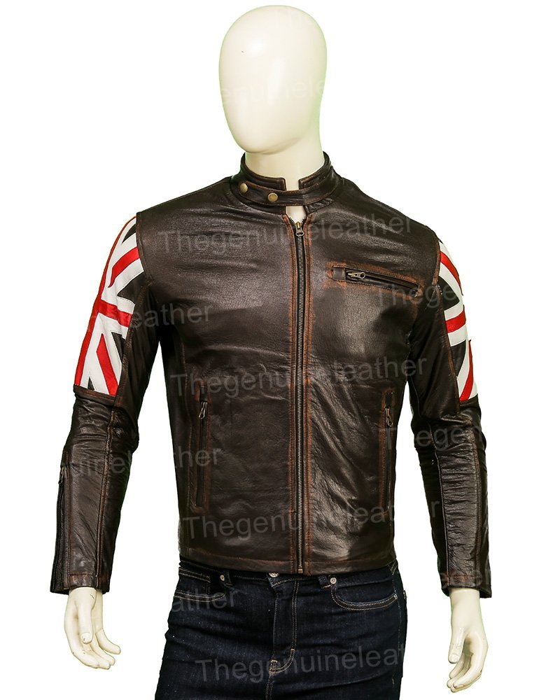 Bestzo Mens Fashion Cafe Racer UK Flag Lamb Leather Jacket Brown S 