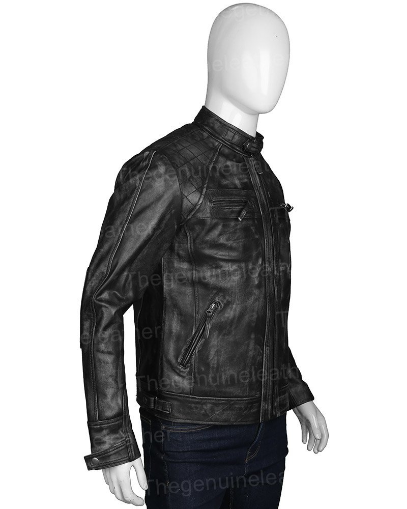 Men Distressed Shoulder Design Black Leather Jacket