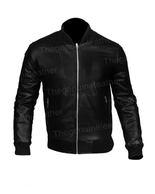 Mens Black Leather Bomber Jacket