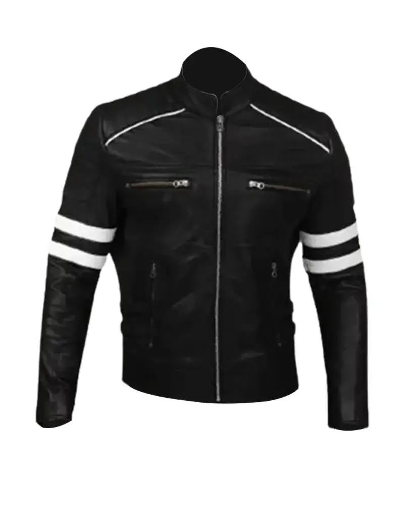 Mens Cafe Racer Retro Black Leather Jacket