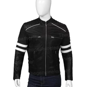Mens Cafe Racer Retro Black Leather Jacket