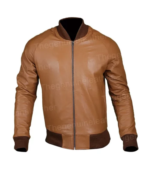 Mens Tan Brown Bomber Leather Jacket