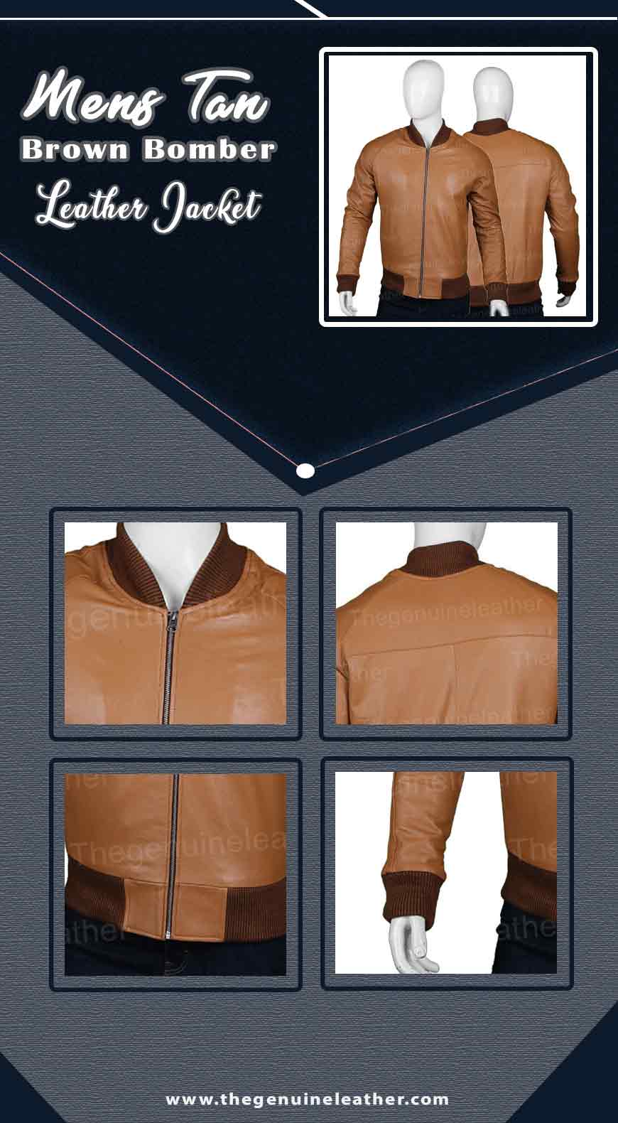 Mens Tan Brown Bomber Leather Jacket Infographic