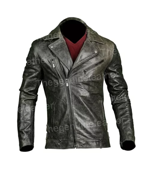 Mens Distressed Black Leather Biker Jacket