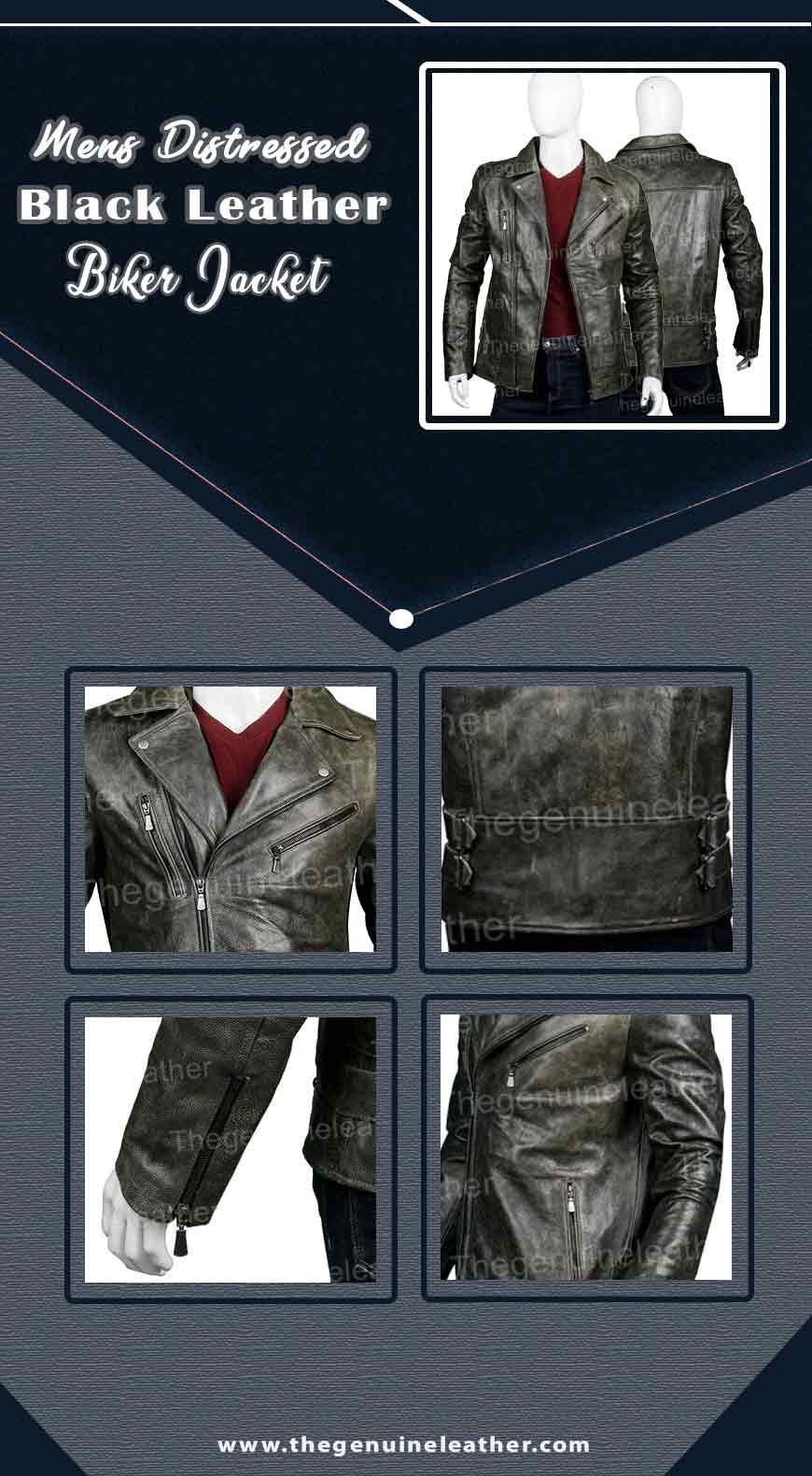 Mens Distressed Black Leather Biker Jacket Infographic