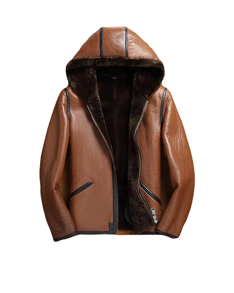 Mens Brown Leather Hooded Jacket