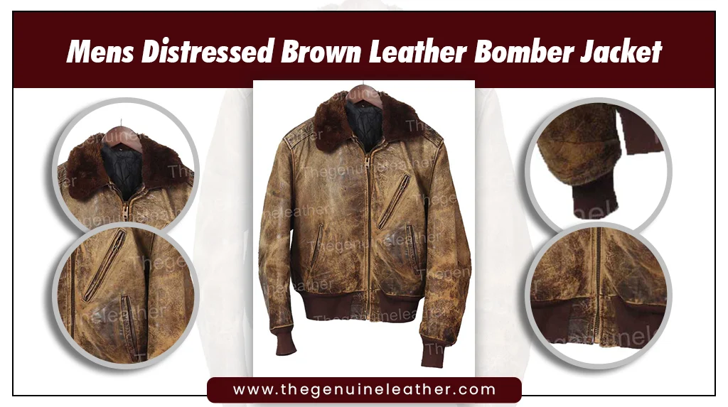 Mens Distressed Brown Leather Bomber Jacket