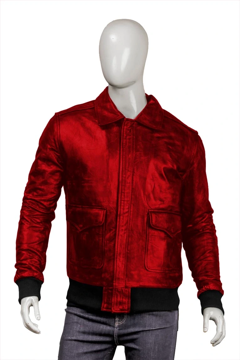 Mens Red Leather Bomber Jacket