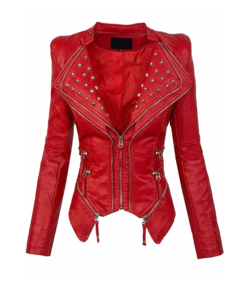 Ladies red biker jacket best sale