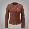 Womens Cafe Racer Brown Leather Hooded Jacket