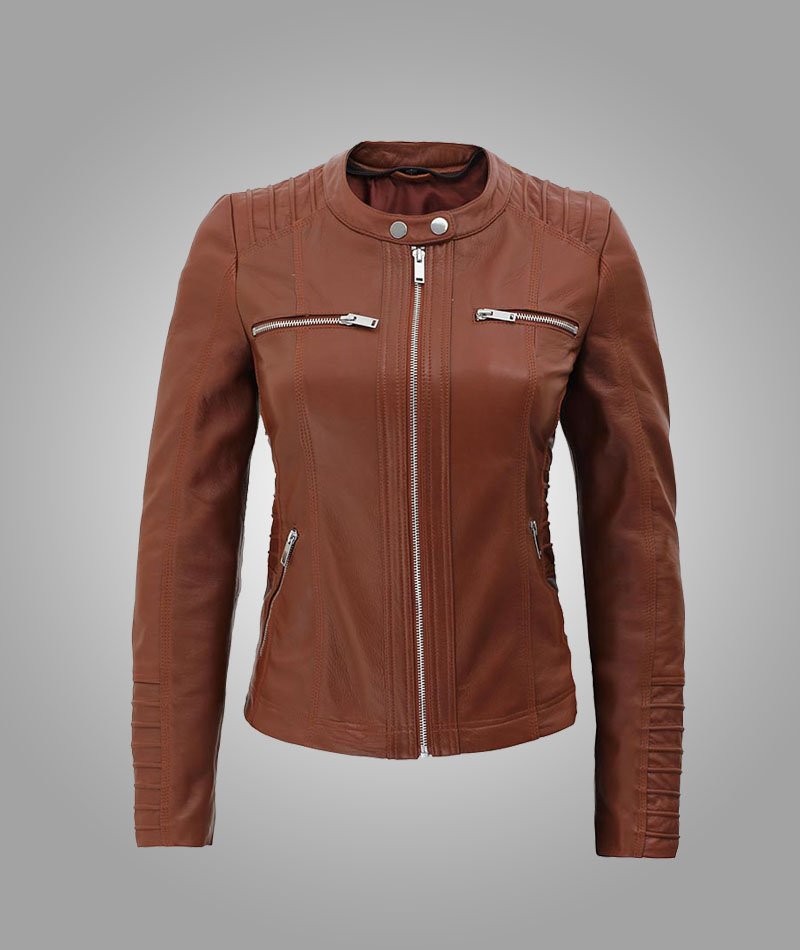 Womens Cafe Racer Brown Leather Hooded Jacket