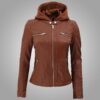 Womens Cafe Racer Detachable Hooded Leather Jacket