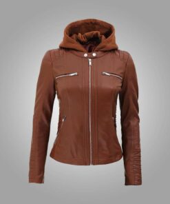 Womens Cafe Racer Detachable Hooded Leather Jacket