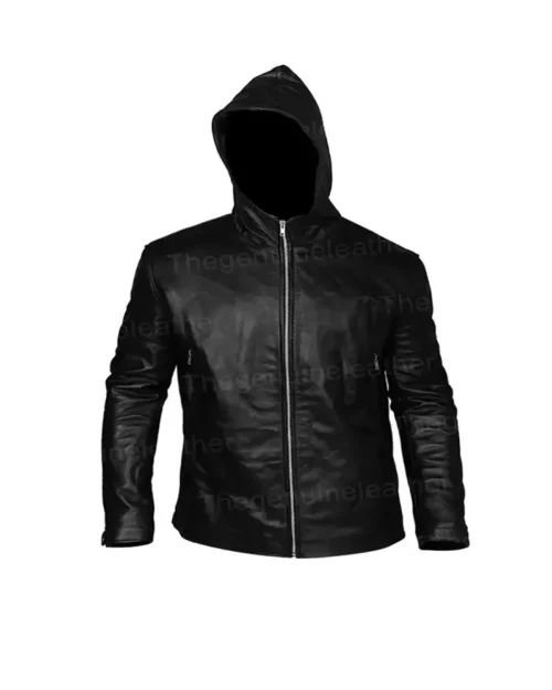 Men Black Leather Jacket With Hood