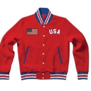 United States Red Letterman Varsity Bomber Rib Knitted Jacket Back
