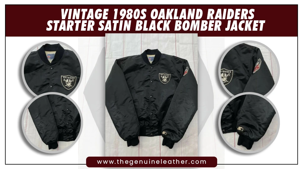 Vintage 1980s Oakland Raiders Starter Satin Black Bomber Jacket
