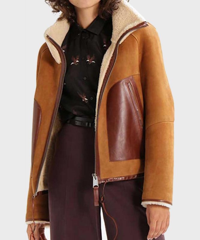 Womens Shearling Collar Brown Suede Leather Jacket
