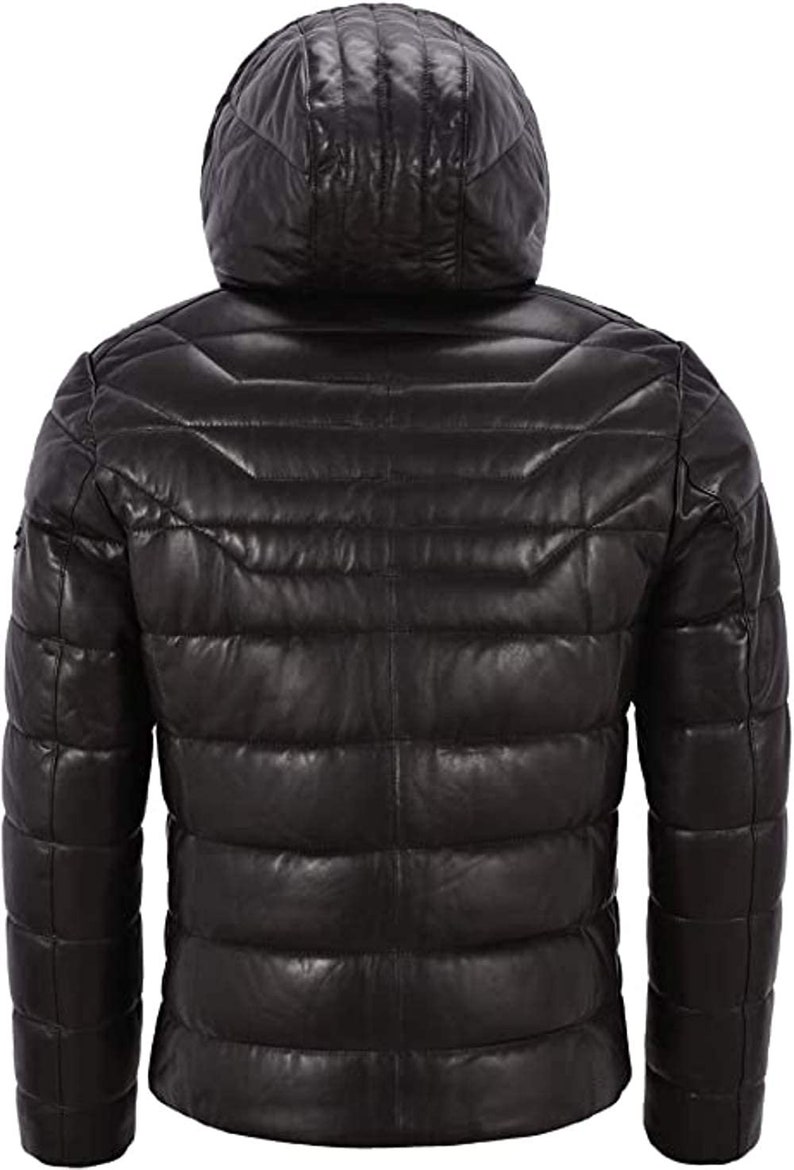 Men's Black Puffer Hooded Quilted Lambskin Leather Jacket