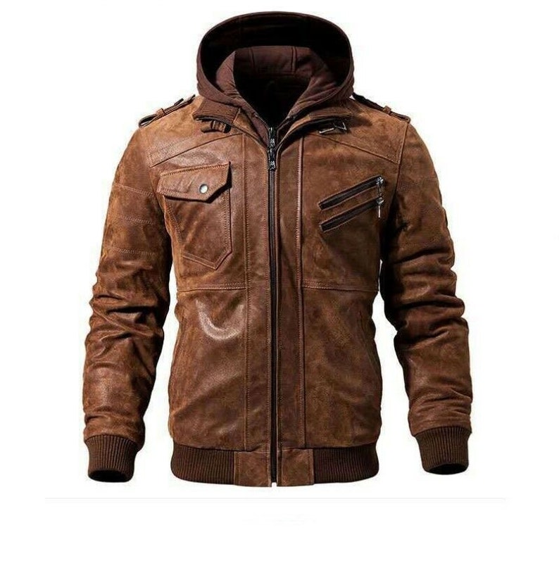 Men’s Dark Brown Distressed Leather Hooded Biker Jacket 
