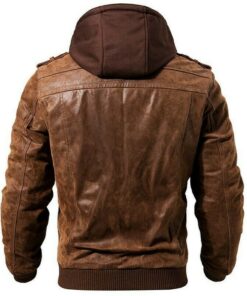 Men’s Dark Brown Distressed Leather Hooded Biker Jacket 