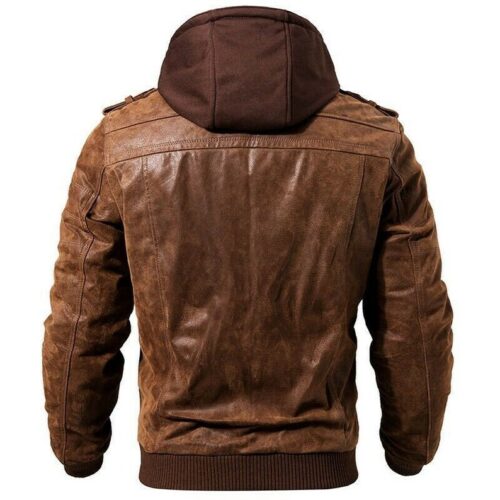Men’s Dark Brown Distressed Leather Hooded Biker Jacket 