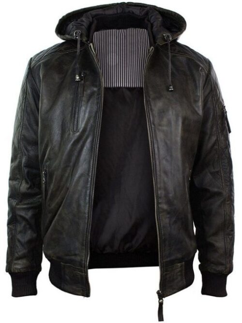 Mens Dark Distressed Brown Hooded Jacket