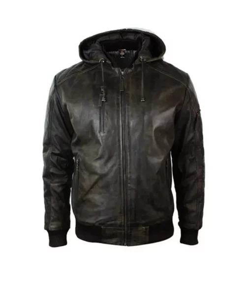 Mens Dark Distressed Brown Hooded Jacket