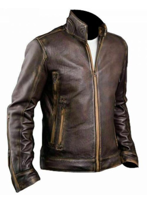 Men’s Distressed Stylish Brown Leather Cafe Racer Jacket