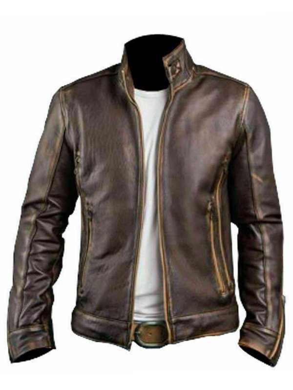 Men’s Distressed Stylish Brown Leather Cafe Racer Jacket