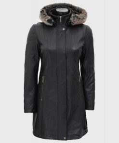 Womens Black Fur Hooded Leather Coat