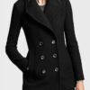 Womens Black Wool Double-Breasted Wool Coat